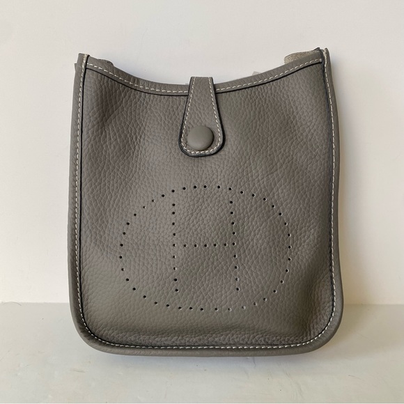 Mini TPM Dark Gray Steel Perforated H Leather Snap Button Crossbody Bag S4/B12 - Picture 2 of 12